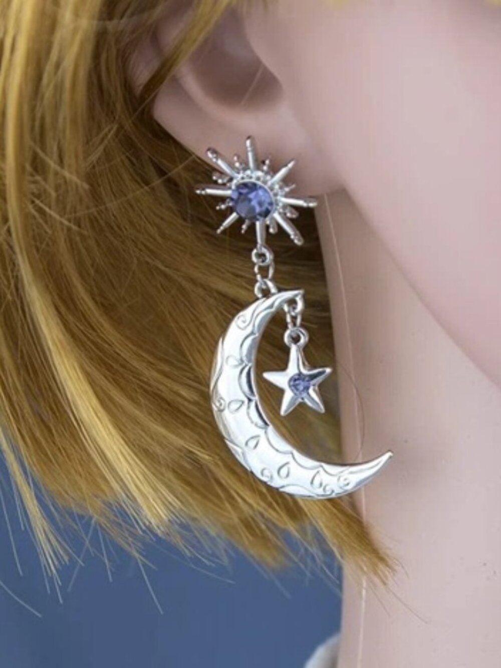 DESIGNER Celestial Silver Crescent Moon & Star Sapphire Blue Crystal Earrings - Picture 2 of 2